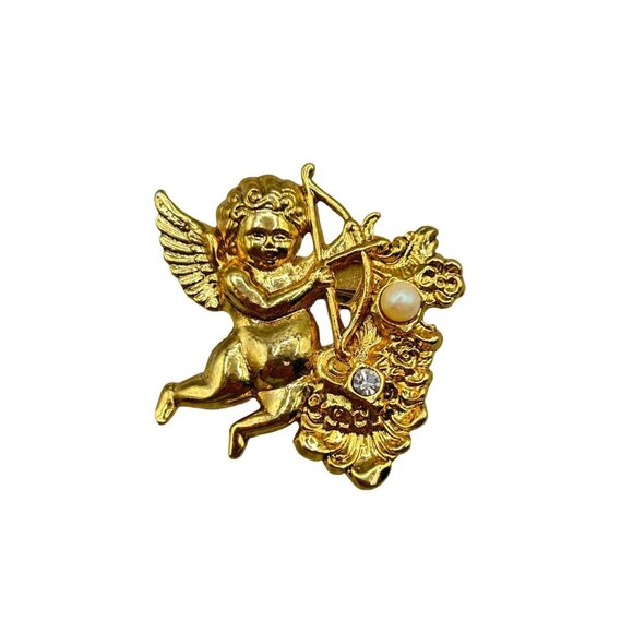 Vintage Gold Tone Cupid with Arrow Angel Brooch with Pearl & Rhinestone Accents - Picture 1 of 6